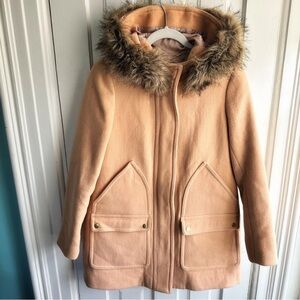 J. Crew Camel Pea Coat with Faux Fur Trim Size 2